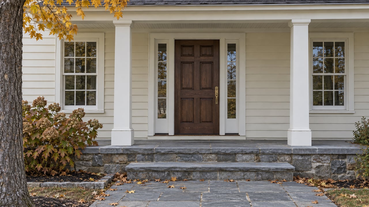 Cream clapboard home with a sheltered oak entry, weathered bluestone steps and amber maple foliage.
