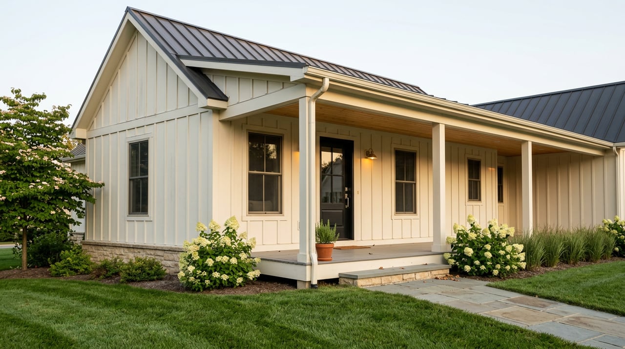 White farmhouse with a covered porch, black front door, charcoal metal roof, and flowering hydrangeas.