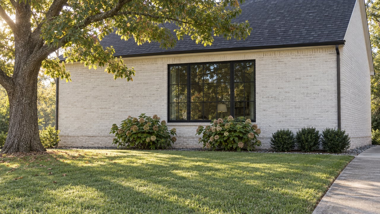 Pale brick gable house with a large divided-light window, oak tree, and hydrangeas beside an open lawn.