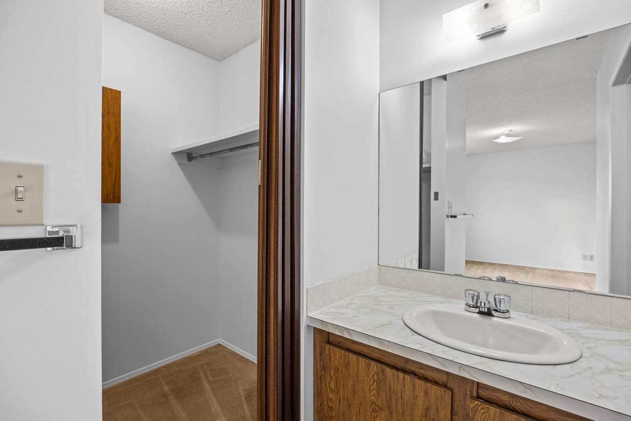 Bathroom vanity beside an open carpeted walk-in closet with a hanging rail and shelf.