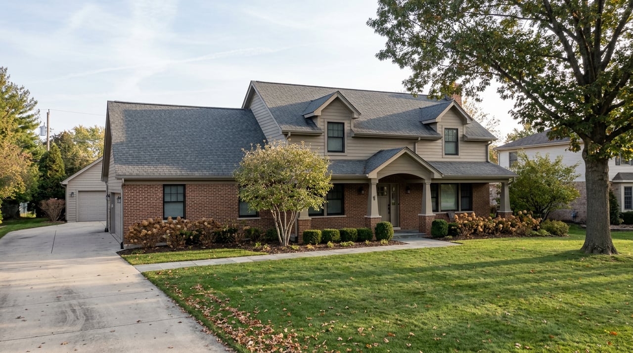 Two-story brick and greige-sided home with dormers, covered porch, broad lawn, curving driveway, and mature trees.
