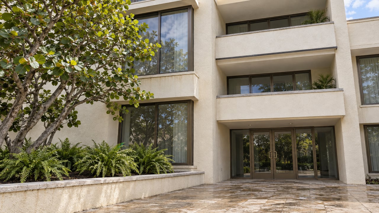 Ivory stucco condominium facade with bronze-framed glass doors, recessed balconies, damp pavers and a sculptural sea grape tree in a raised planter.