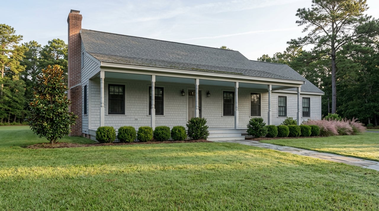 Gray-shingled coastal home with a covered porch, brick chimney, and bluestone path across a dewy lawn.