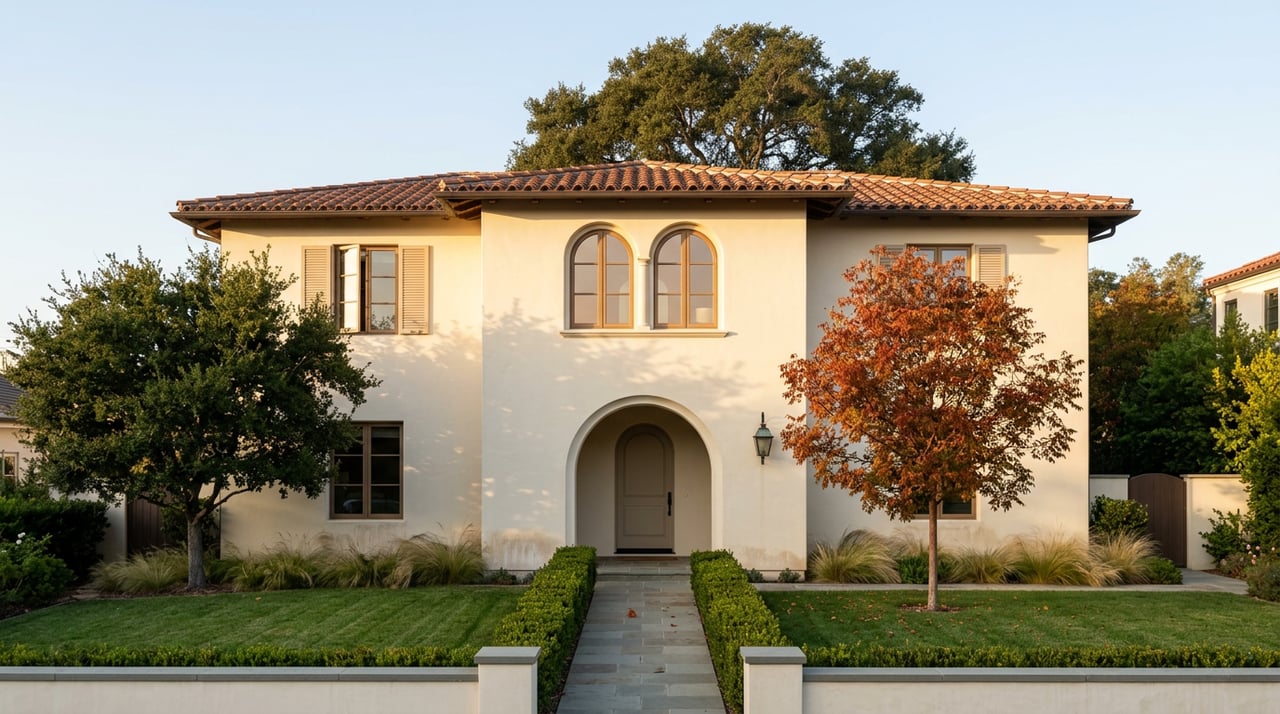 Symmetrical ivory stucco estate with terracotta roof, arched entry, autumn foliage, and a stone path through clipped hedges.