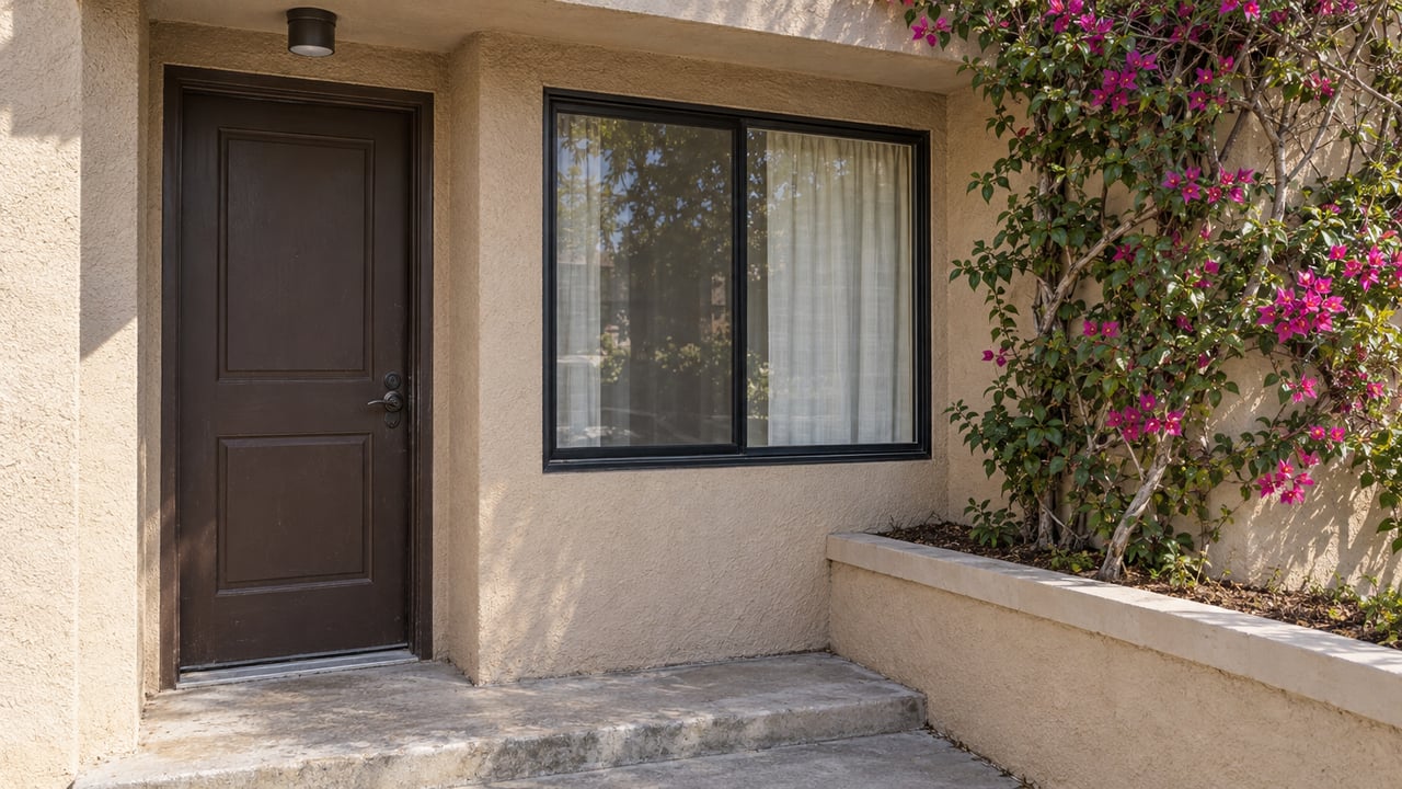 Apartment entry with a worn brown door, curtained window, and bougainvillea climbing across the stucco.