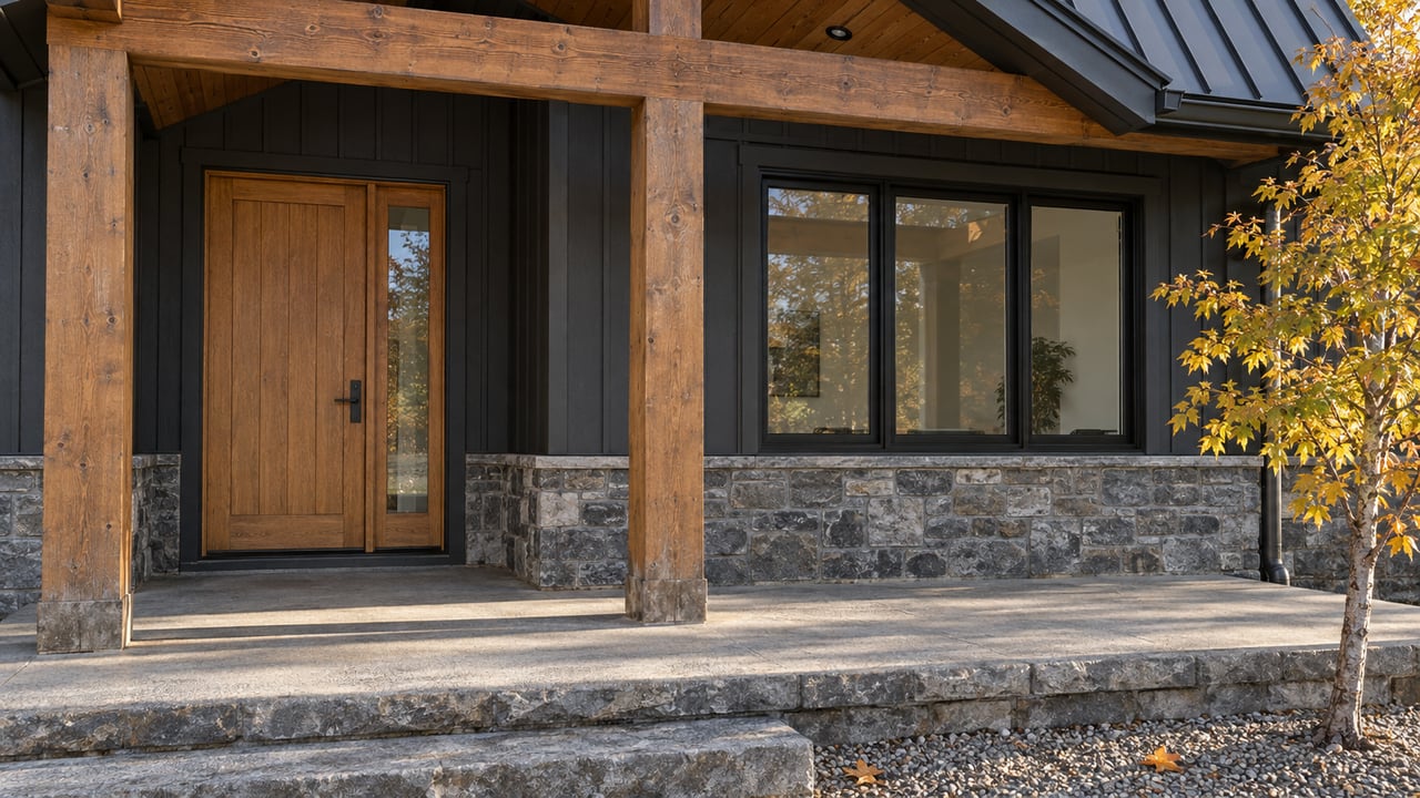 Morning light on a timber-supported covered entry with charcoal siding, an oak door, grouped black-framed windows and a stone porch step.