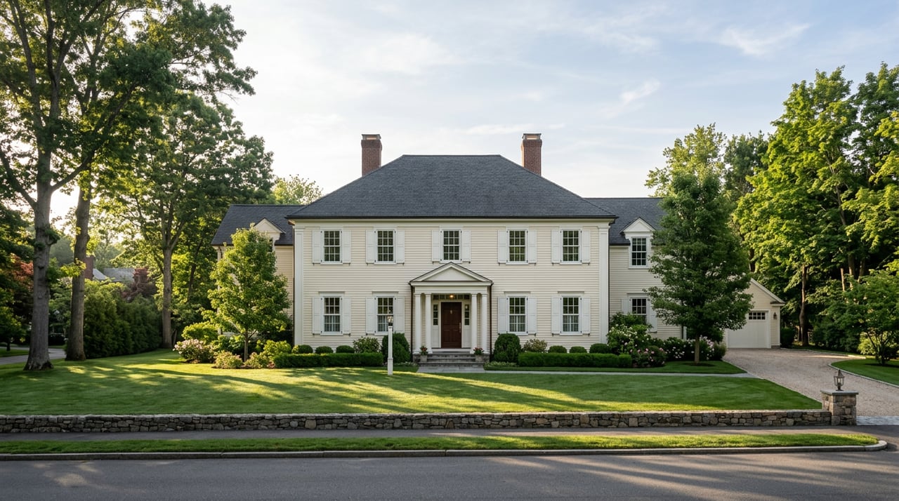 Symmetrical Colonial Revival house beyond a deep lawn, with soft tree shadows stretching across the grass.
