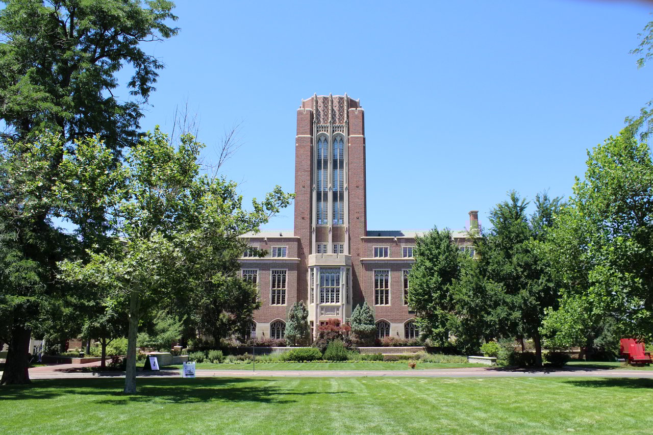 Mary Reed Building and green lawn at University Park in Denver, CO.