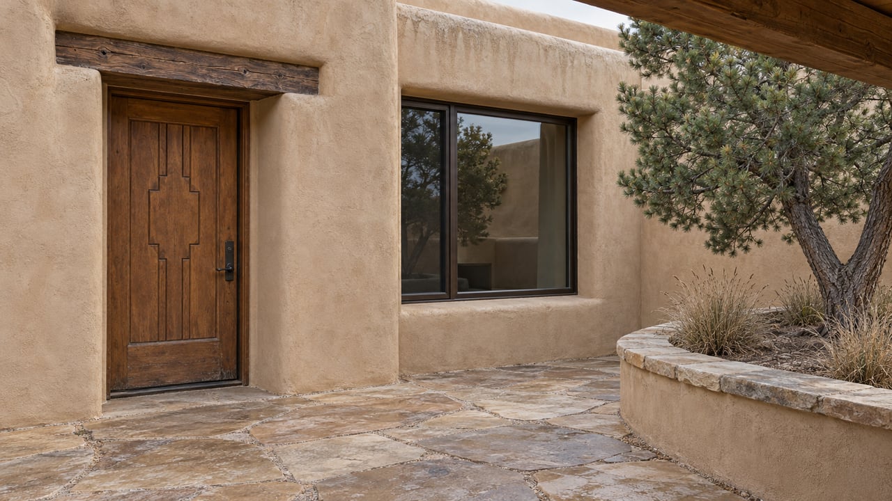 Rounded clay-colored plaster entry with a carved wooden door, recessed window and flagstone courtyard beside a raised pinyon planting bed.
