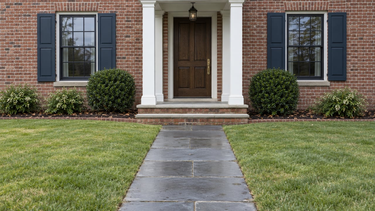 Red-brick house with a white-columned portico, blue shutters, and a bluestone walk crossing a broad lawn.