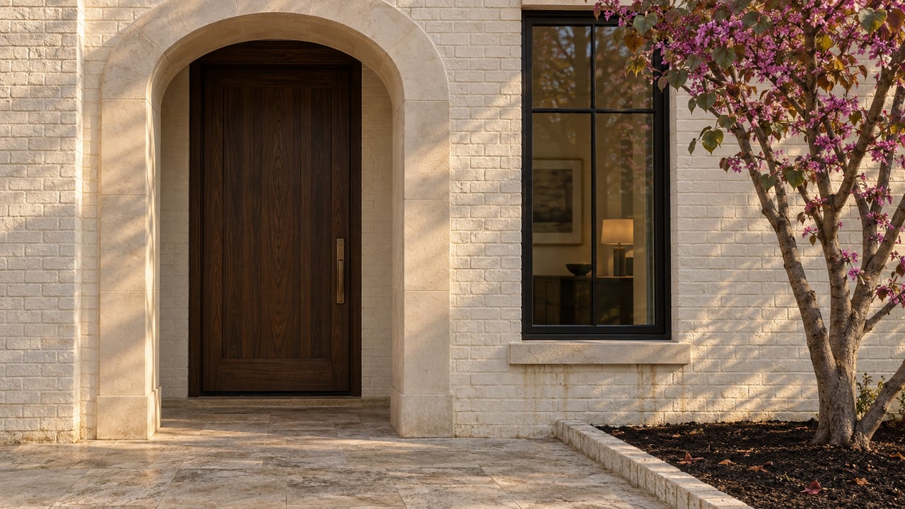 Limestone arch framing a walnut front door, beside a black steel-framed window and redbud tree.