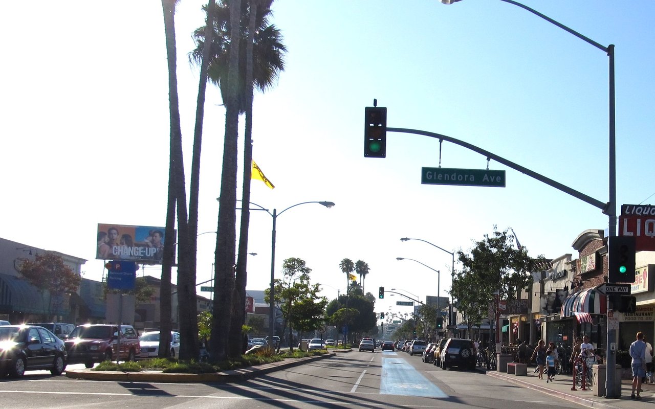 Second Street storefronts and palms in Belmont Shore, Long Beach, photographed in 2011