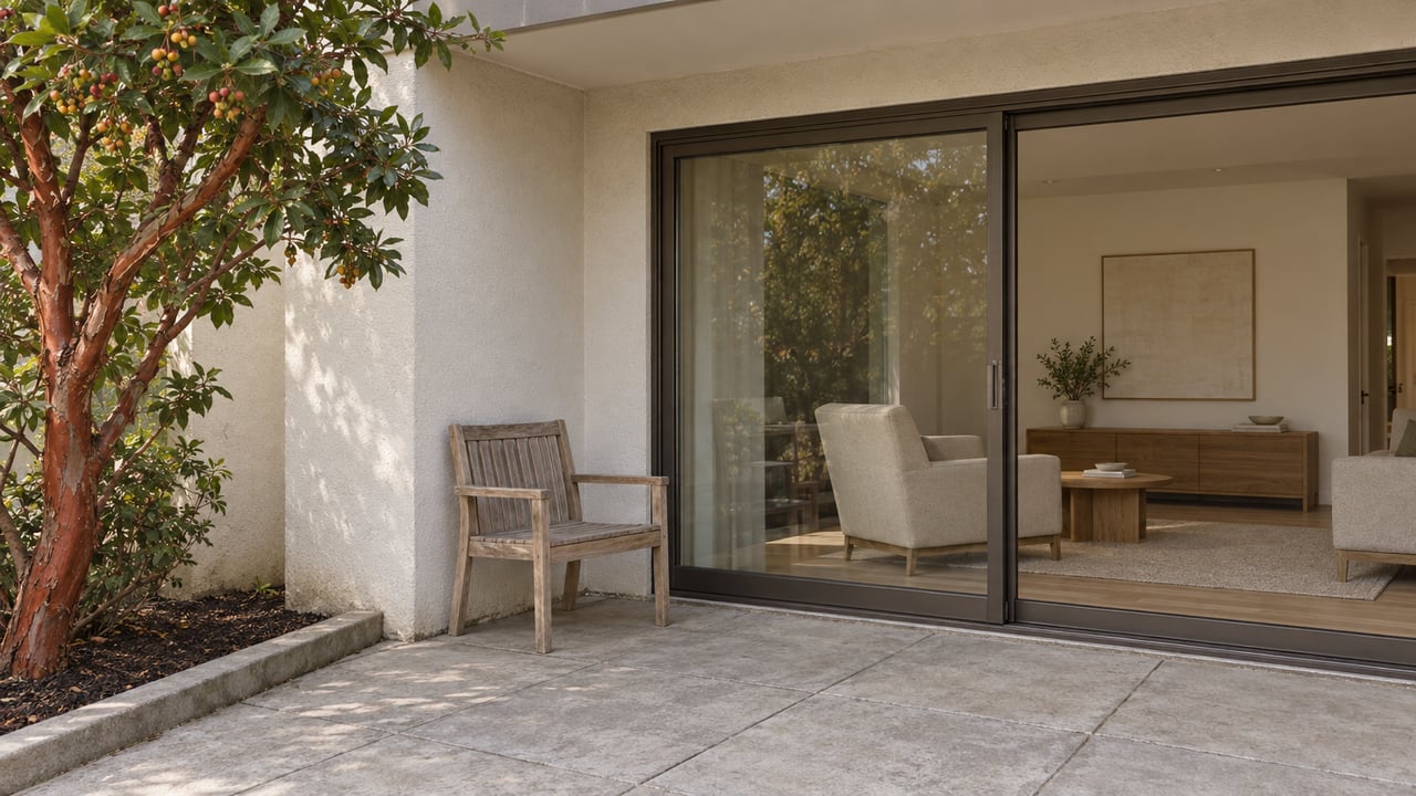 Covered terrace with cream stucco, bronze-framed sliding glass doors, a weathered teak chair and a strawberry tree beside concrete paving.