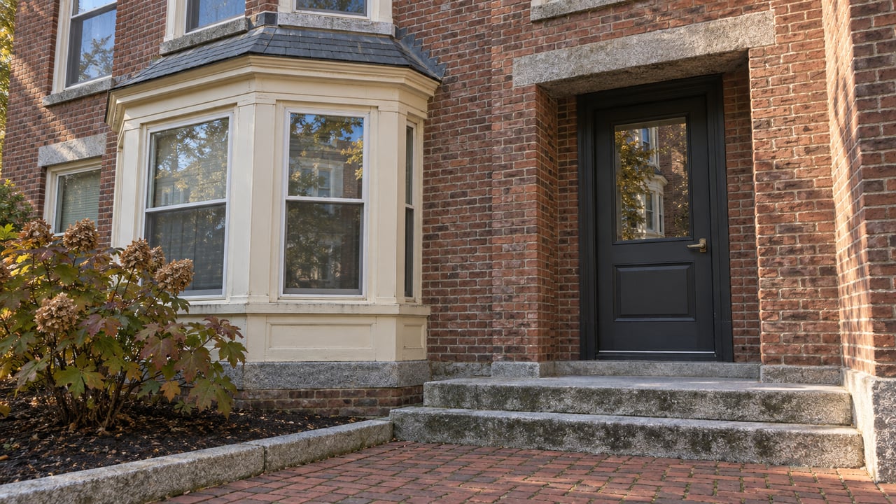 Sunlit brick condominium facade with cream-painted bay windows, a recessed glazed entry, and worn granite steps beside an oakleaf hydrangea.