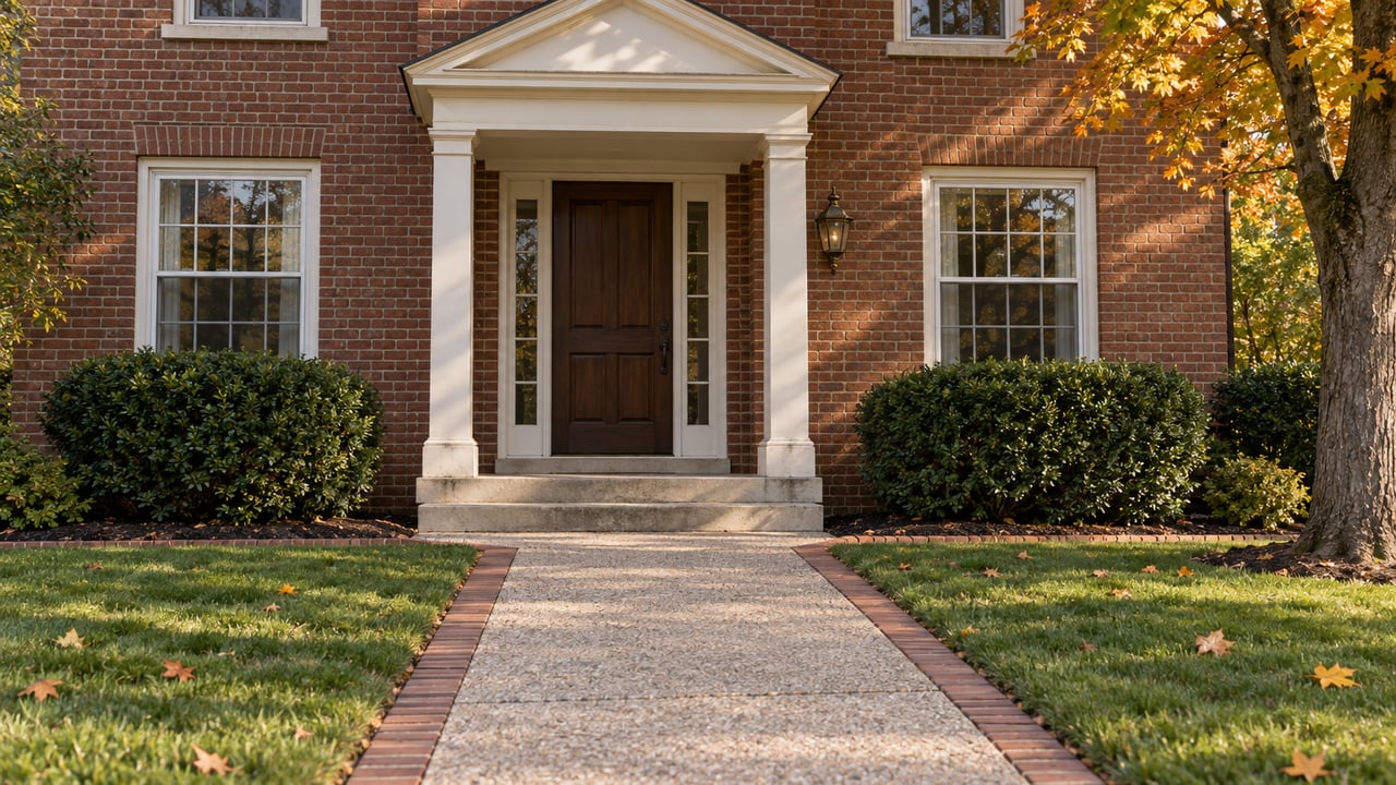Brick home entrance with white columns, limestone steps, a broad concrete approach, and an amber-leaved maple beside the lawn.