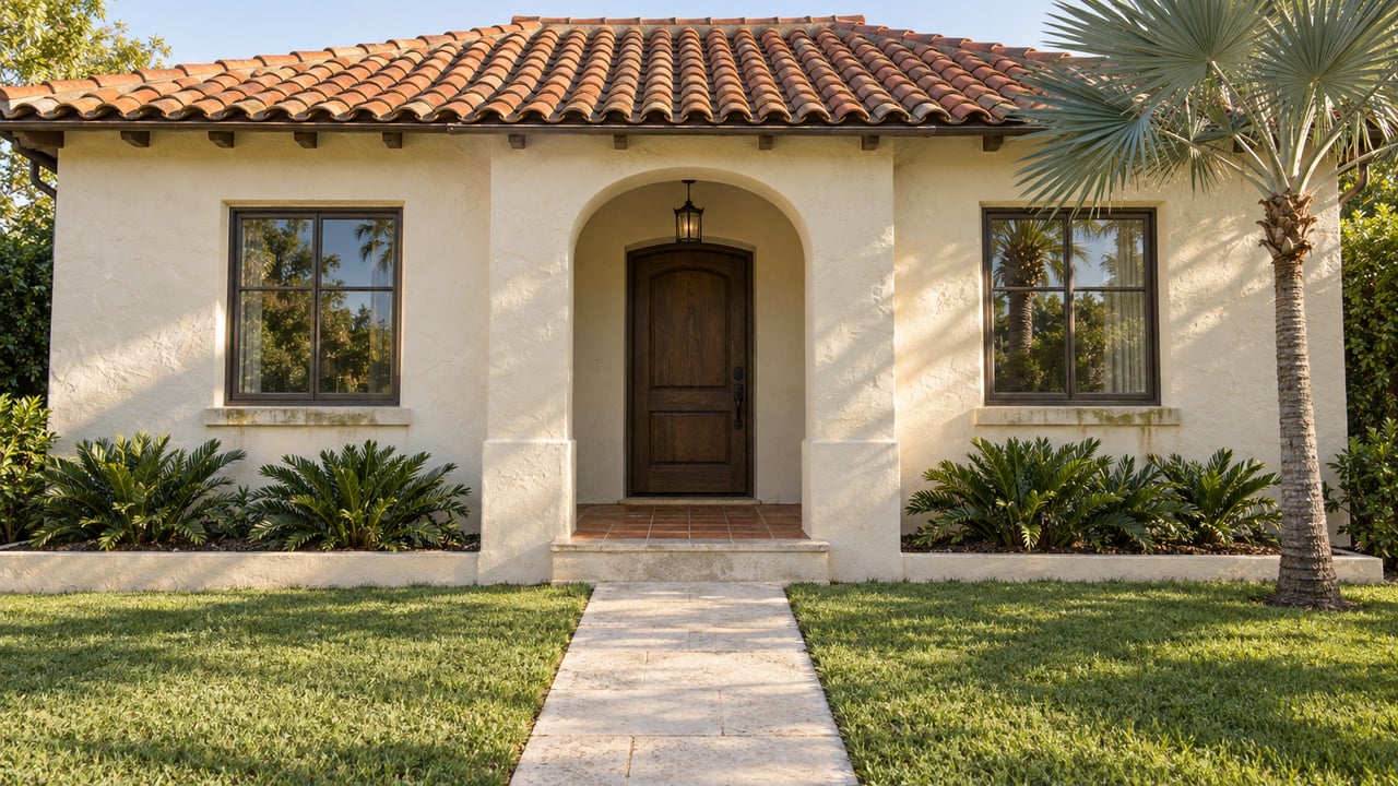 Cream-stucco house with terracotta tile roof, arched oak entry, limestone walk, and slender palm.