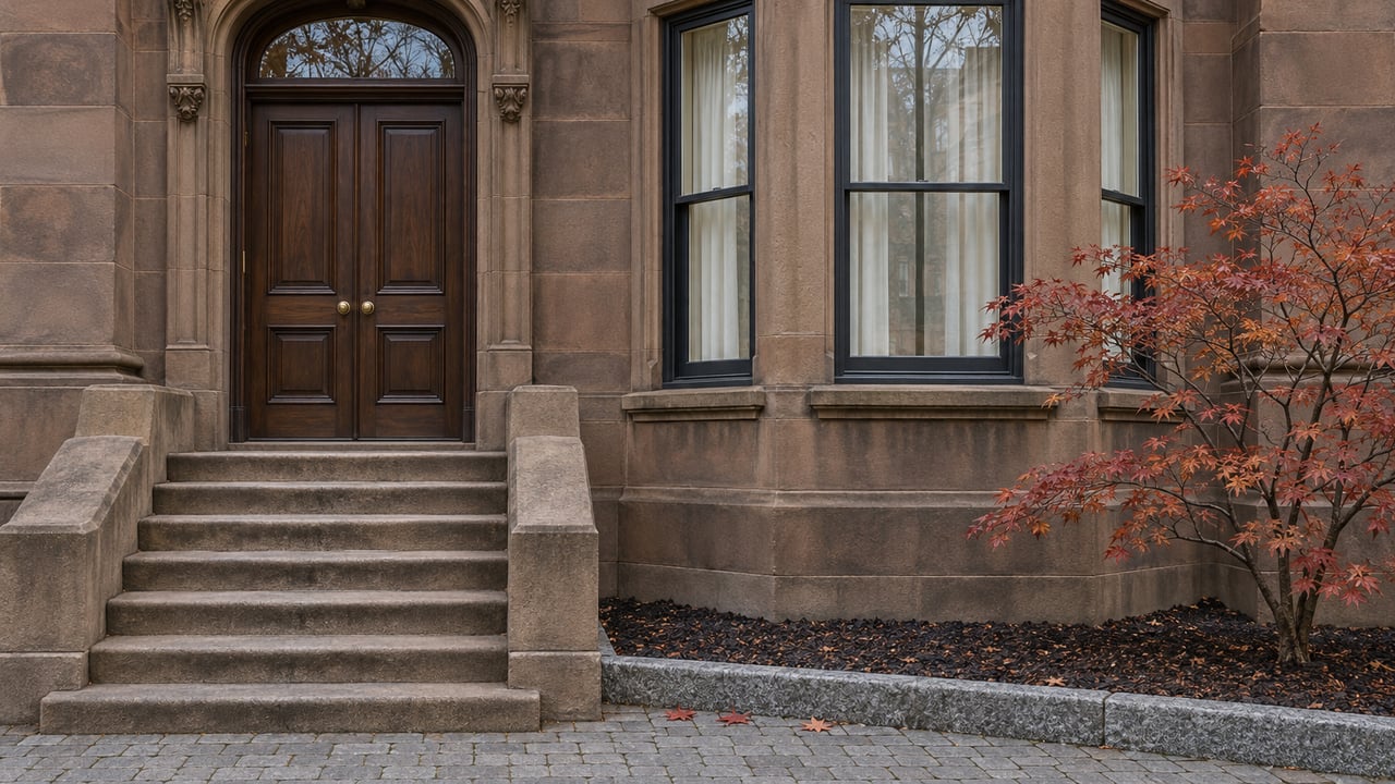 Weathered brown sandstone townhouse entrance beside a three-sided bay window and a copper-leaved Japanese maple.