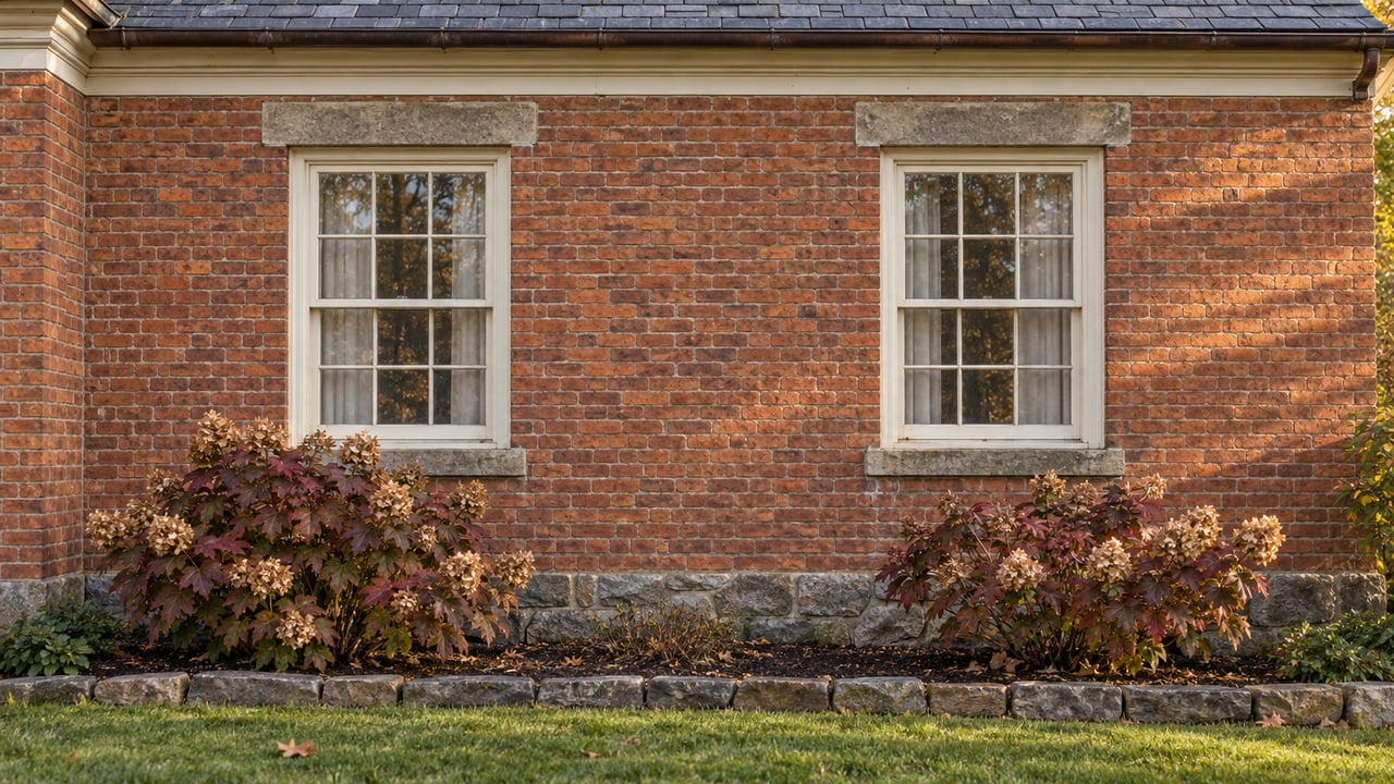 Warm afternoon light across an older brick home's two ivory-trimmed windows, stone foundation and burgundy oakleaf hydrangeas.