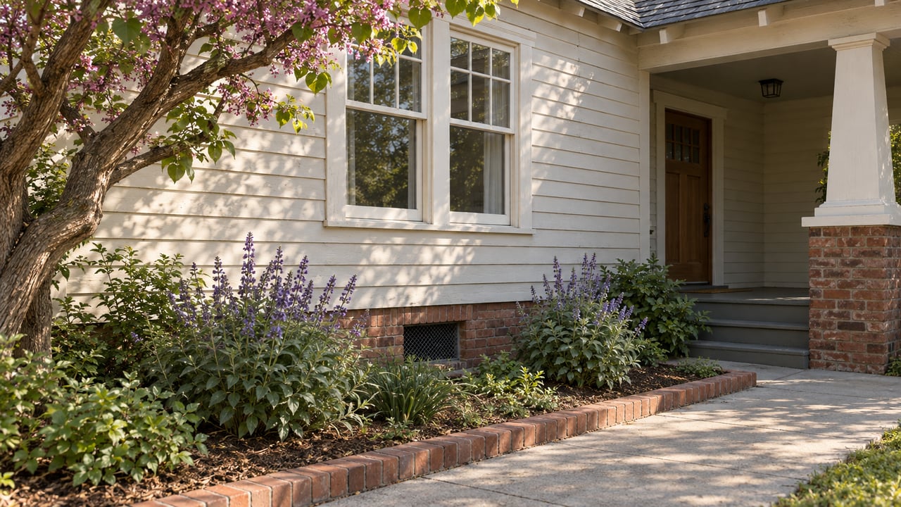 Bungalow with off-white cedar siding, divided-light windows, red-brown brick foundation, and a shaded porch.