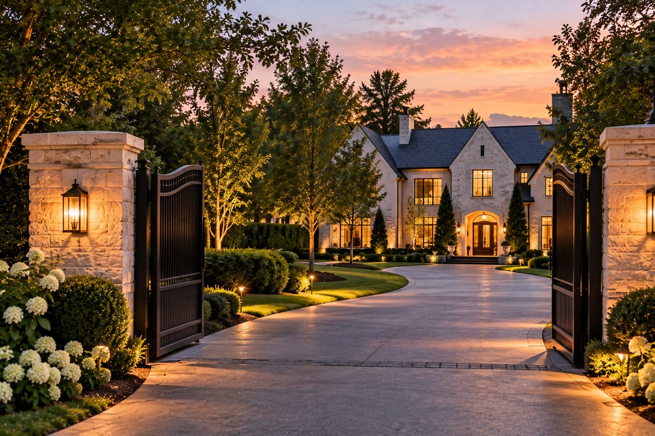 Private gated luxury estate surrounded by mature trees and manicured landscaping, illustrating the importance of privacy, security, and discretion when selling a high-end home.