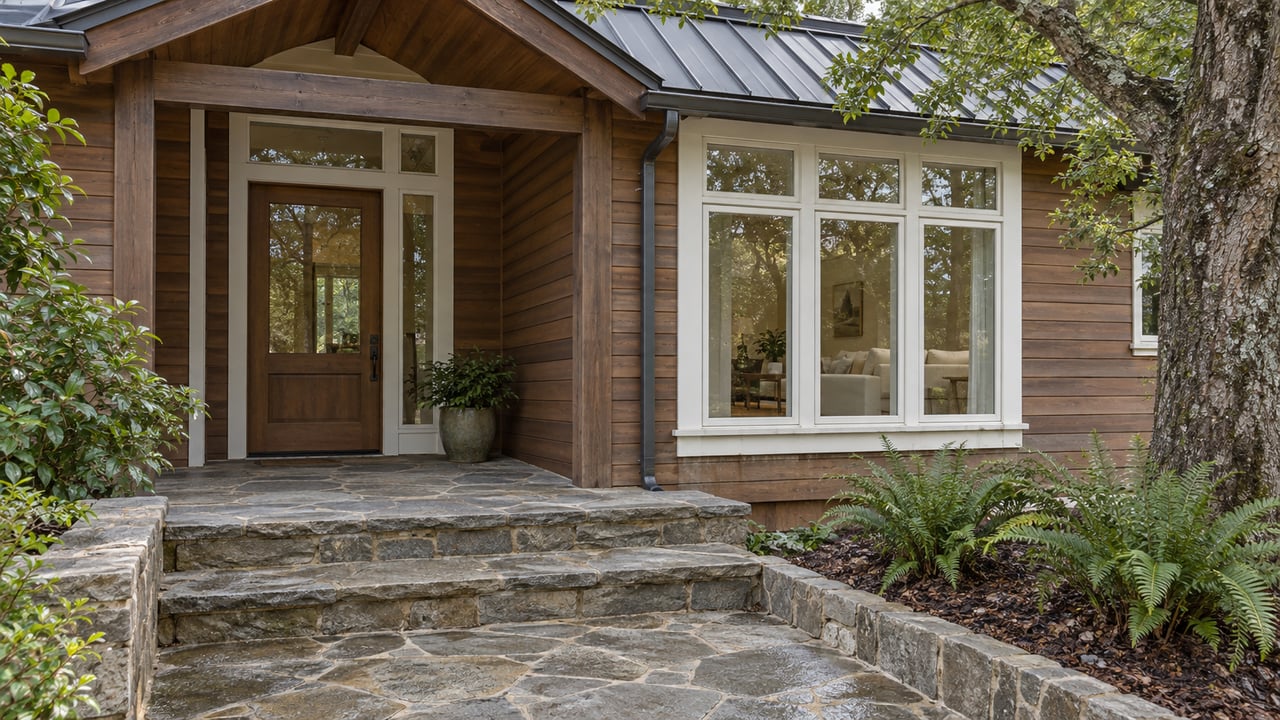 Elevated view of a timber-sided home's glazed entry and white-trimmed windows, with sandstone steps and sword ferns beneath a mature oak.
