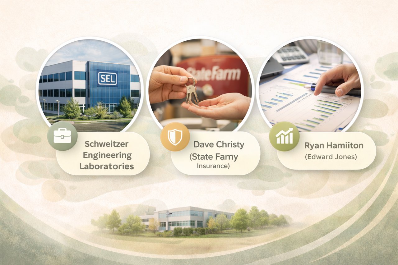 Clean modern graphic for Best Services in Pullman WA featuring Schweitzer Engineering Laboratories (SEL) – One Schweitzer Drive, Dave Christy (State Farm Insurance), and Ryan Hamilton (Edward Jones) with subtle service icons