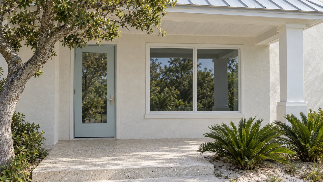 Covered entry with pale aqua glazed door, white stucco, shell-aggregate landing and sculptural planting.