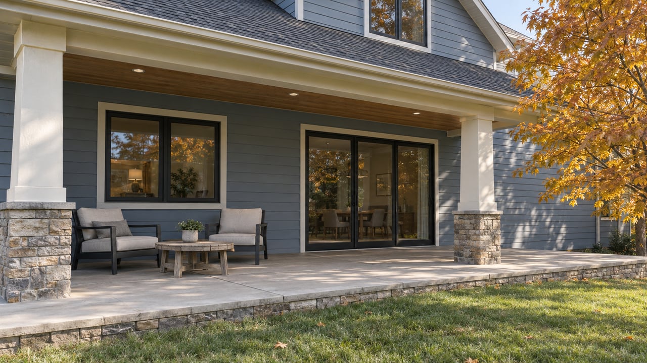 Covered rear terrace of a blue-gray gabled home with stone column bases, outdoor chairs and an autumn maple beside the lawn.