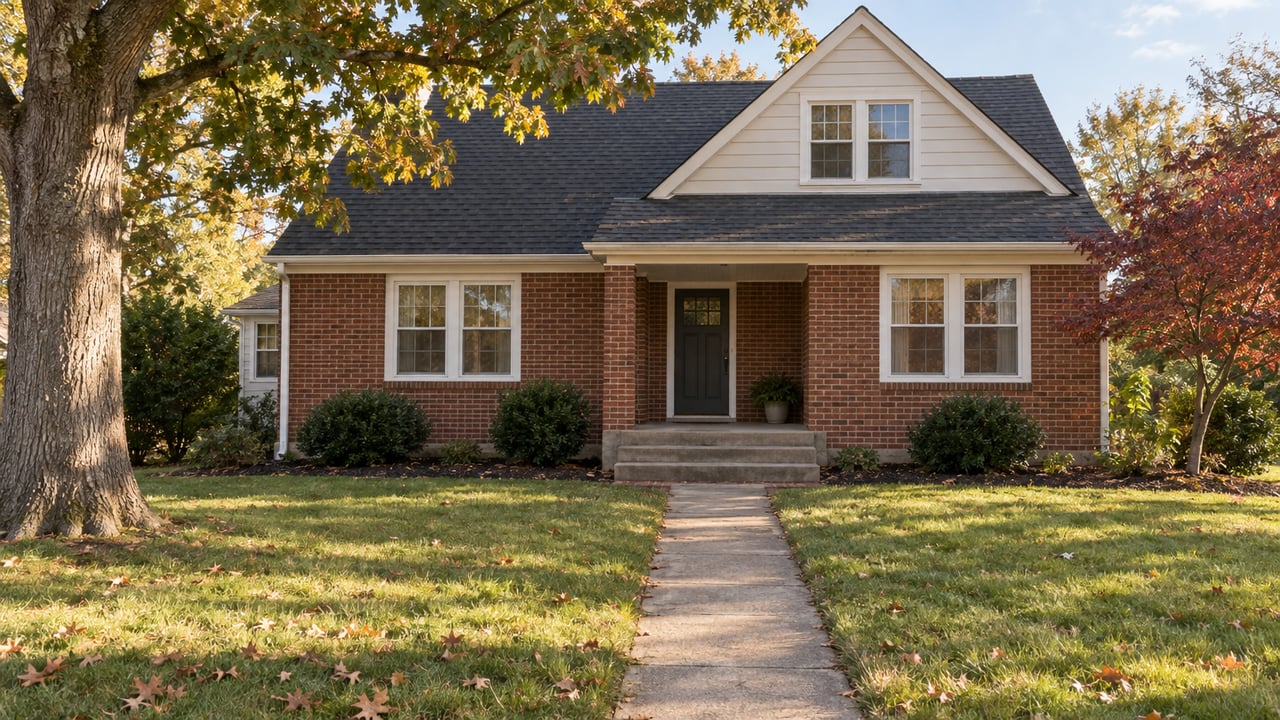 Brick-and-cream house with a shallow porch, concrete walk, autumn lawn, and oak canopy.