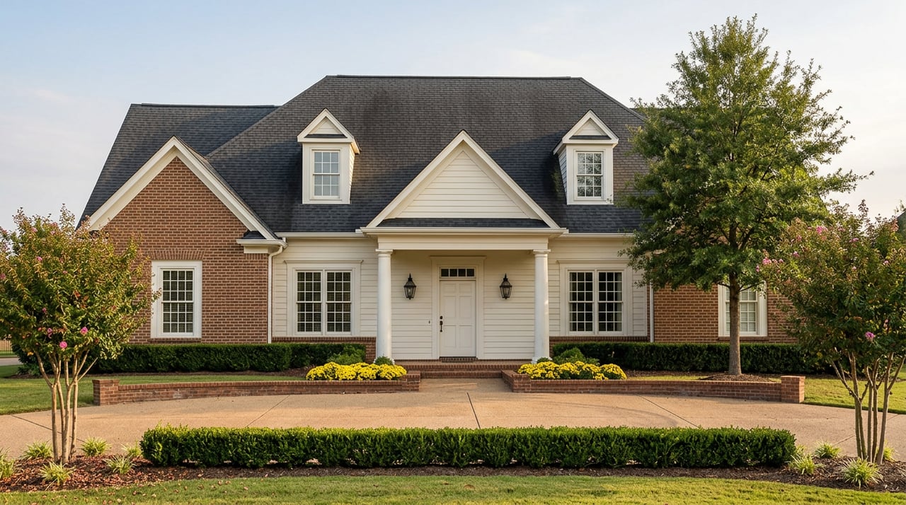 Brick-and-siding estate with a columned entry, circular drive, willow oak, and clipped boxwood hedges.