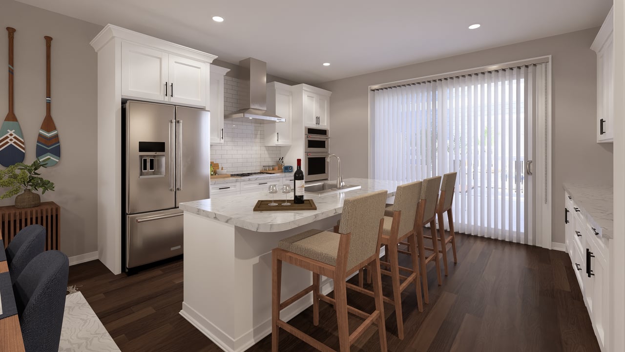 Kitchen looking toward balcony doors