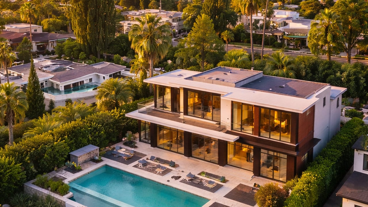 Aerial drone view of a modern two-story luxury home in Sherman Oaks at sunset, with an infinity pool, landscaped yard, and palm-lined hillside neighborhood 