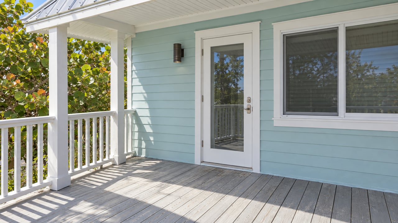 Sunlit elevated porch with weathered gray decking, aqua siding, a white glazed entry door and a sea-grape canopy beyond the white railing.