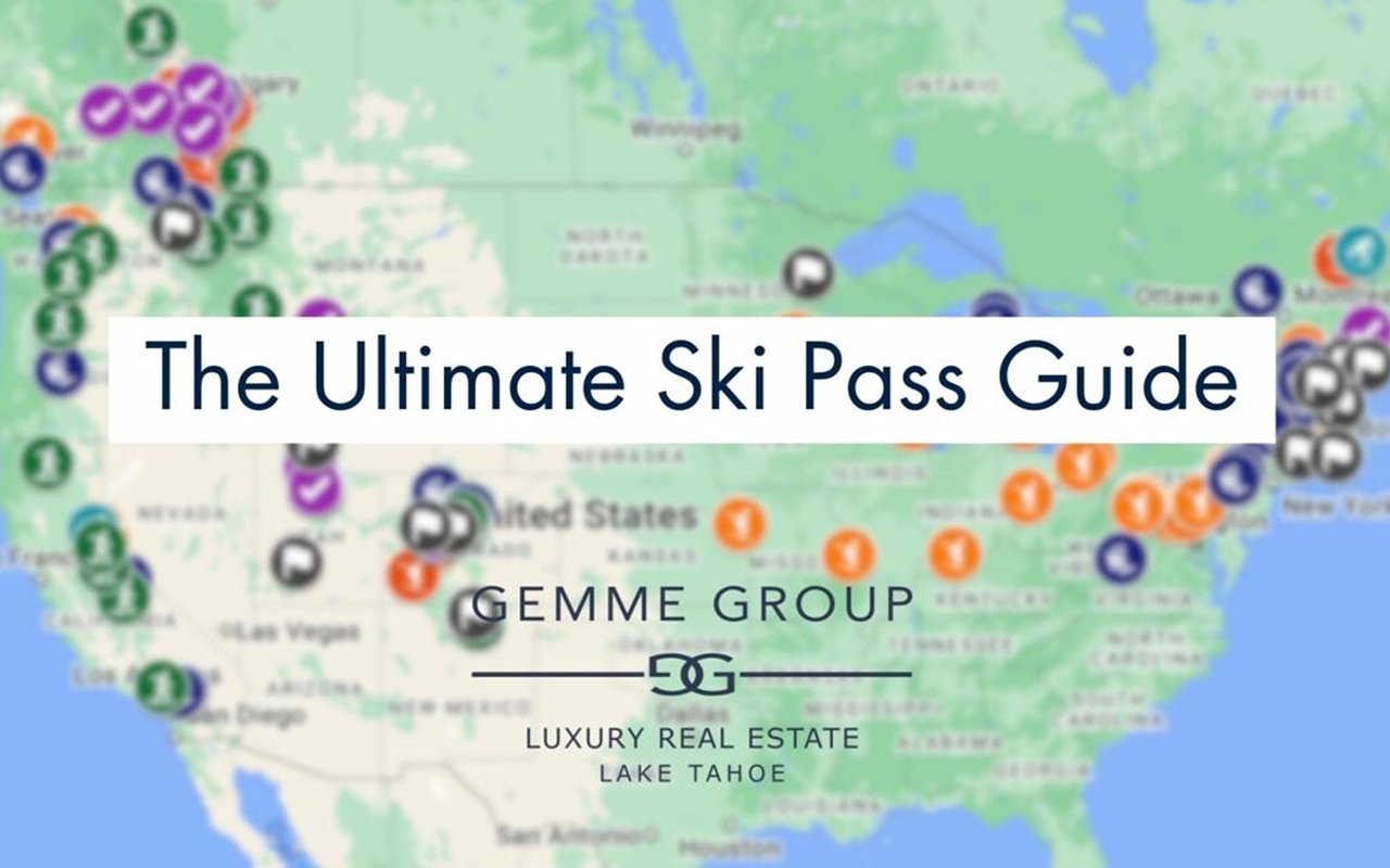 The Ultimate Ski Pass Guide, over a marked map of the United States with Gemme Group Lake Tahoe branding.