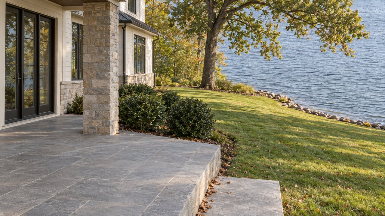 Stone terrace overlooking a broad lawn that descends to a rippled shoreline beneath a white oak.