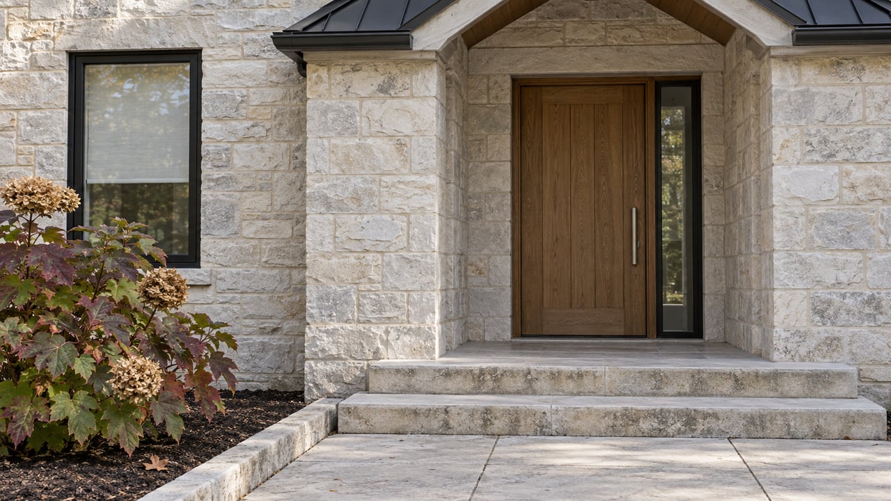 Limestone home entrance with a recessed oak door, black-framed window, broad stone steps, and burgundy oakleaf hydrangea foliage.