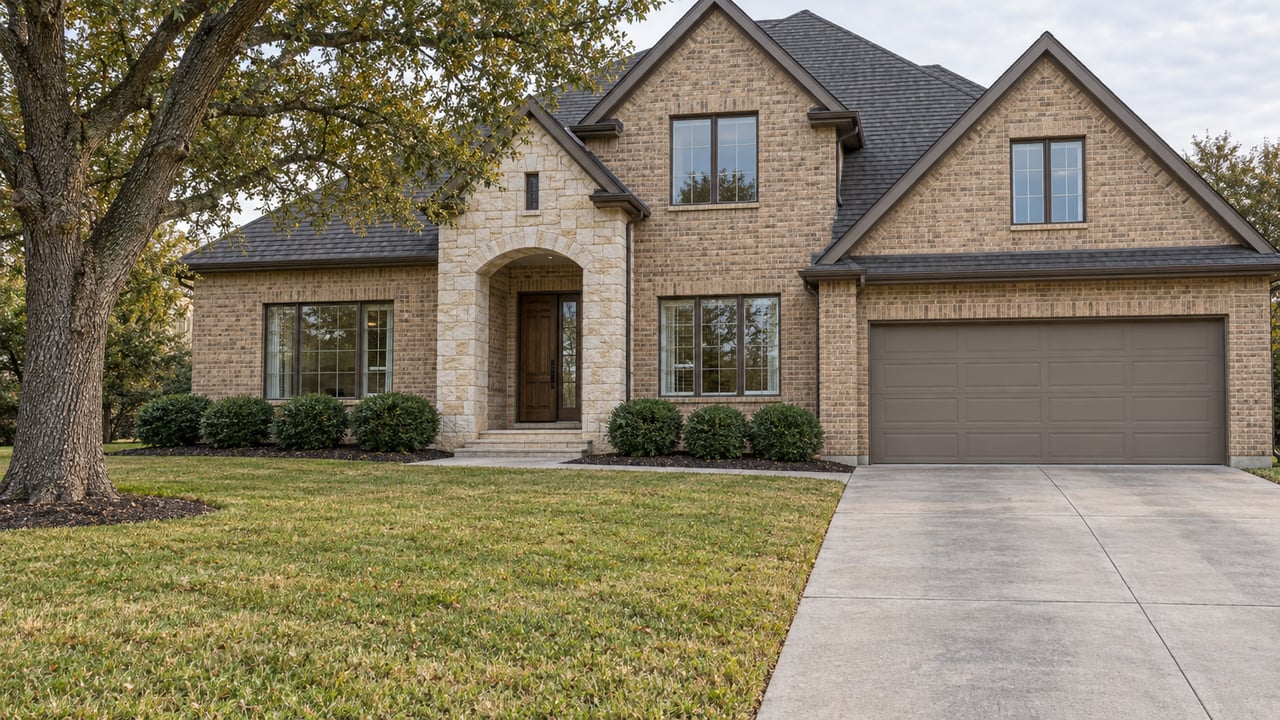 Brick-and-limestone house with steep gables, bronze-framed windows, a deep autumn lawn and a broad concrete driveway.