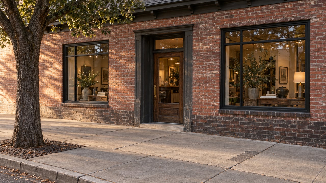 Historic brick storefront with a recessed glazed wood door, black-framed display windows, and a sidewalk tree.