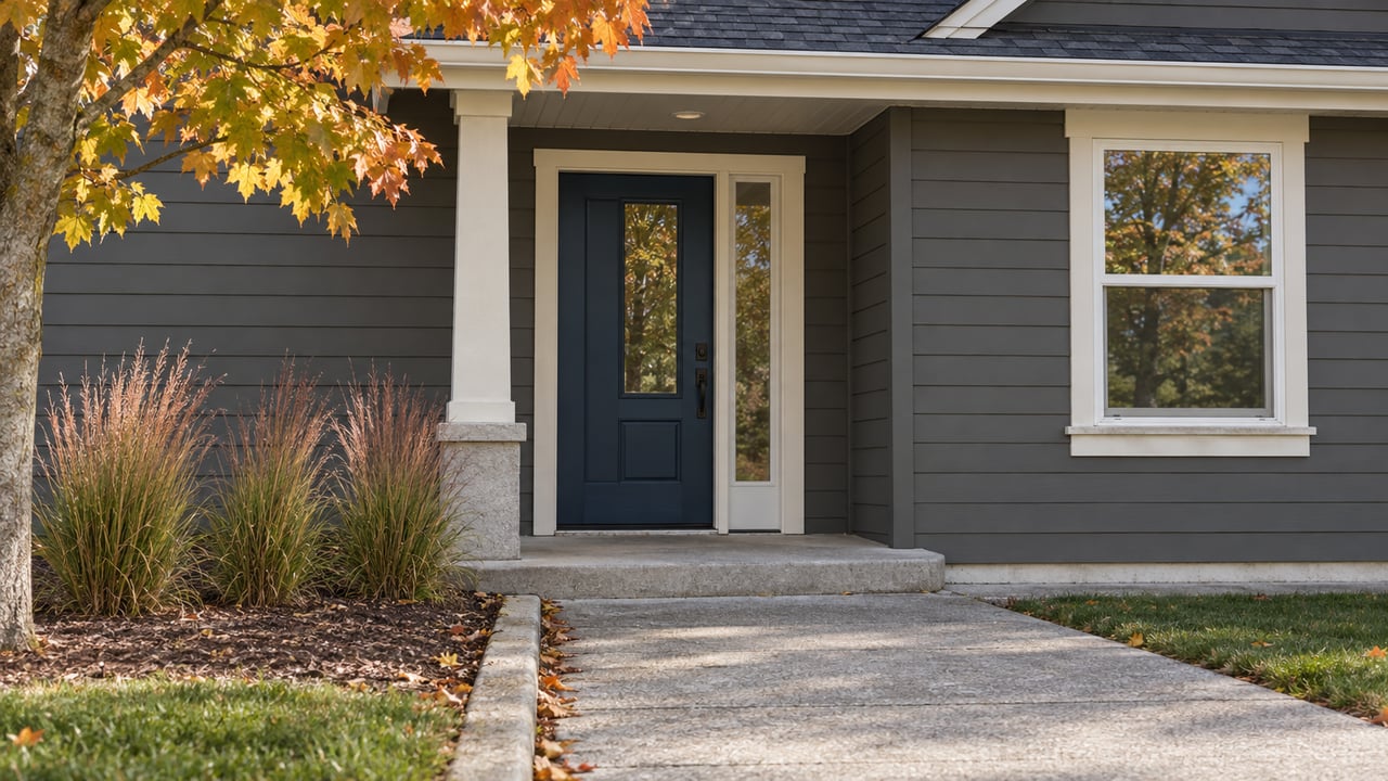 Modest house entry with a navy glazed door, charcoal siding, concrete walk, and amber maple leaves.