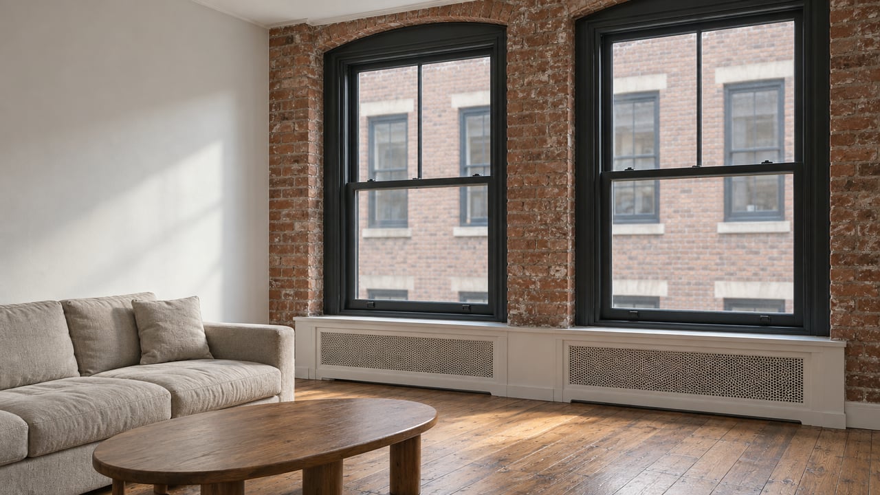 A bright loft sitting room with tall dark sash windows, exposed brick reveals, an oatmeal sofa and worn warm oak floors.