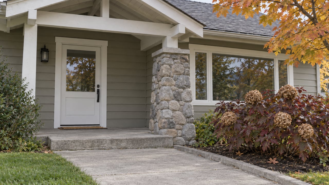A cottage entrance with greige lap siding, a river-stone porch pier and a concrete walk beside autumn planting.