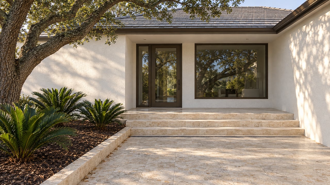 White stucco home with bronze-framed entry glass, broad limestone steps and a mature spreading oak beside the approach.