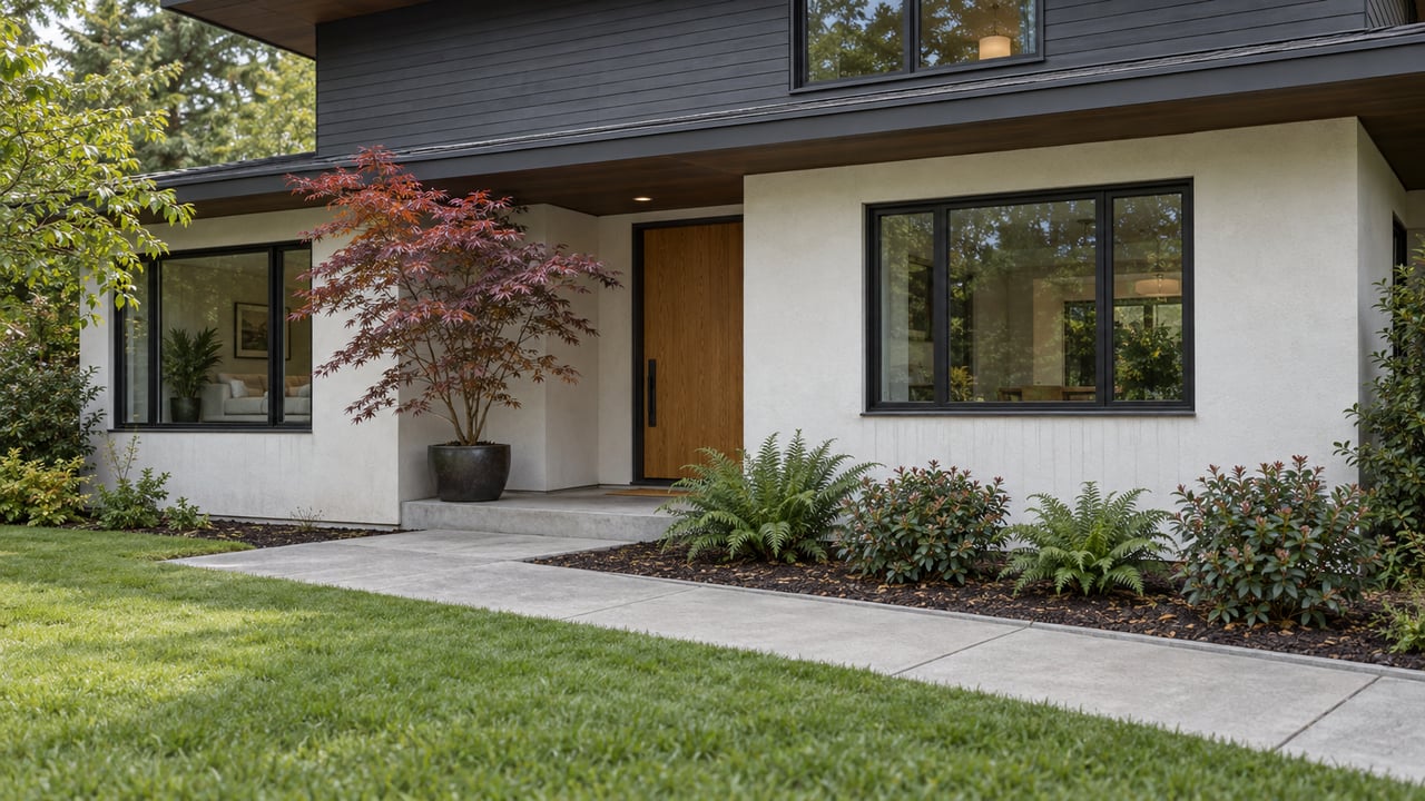 Modern two-story house with charcoal siding, warm oak entry, diagonal concrete walk, and a Japanese maple.