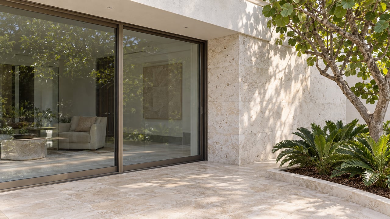 Sunlit travertine terrace beside bronze-framed glass doors, pale limestone walls and a sculptural sea grape tree.