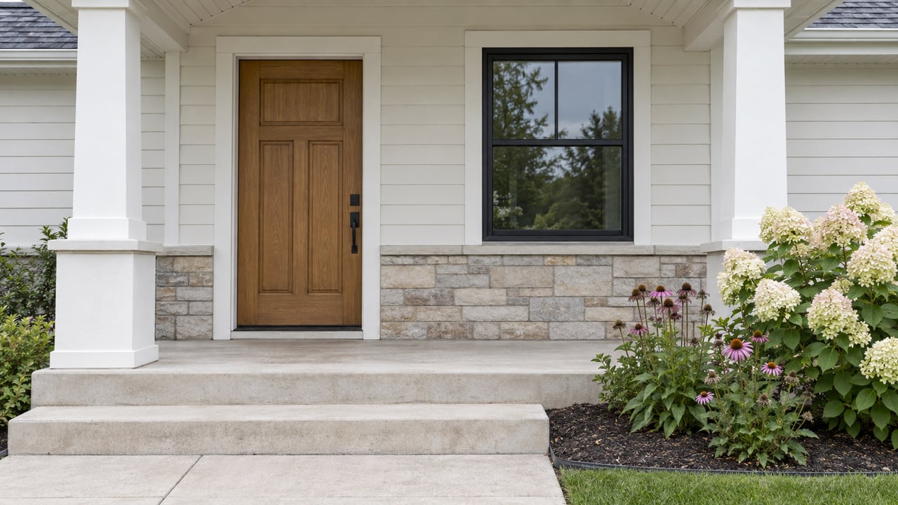 Warm oak entry door beside a black-framed window, above concrete steps and a bed of hydrangea and coneflowers.