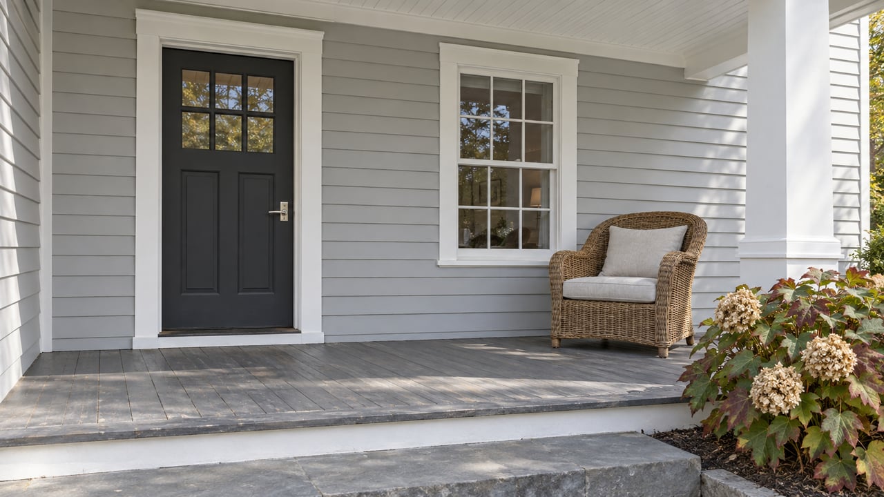 Covered porch with pale gray clapboard siding, a dark glazed front door, white trim, wicker seating and autumn oakleaf hydrangea.