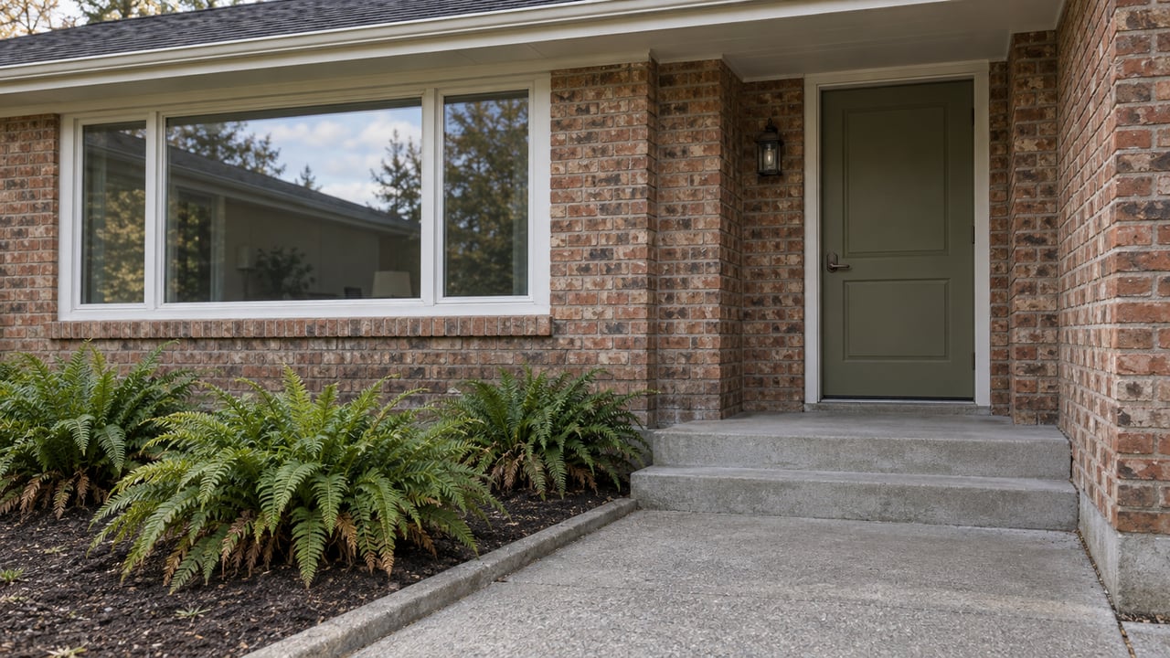 Winter afternoon light on a brick home's sheltered olive-green front door, broad window, concrete steps and sword ferns.