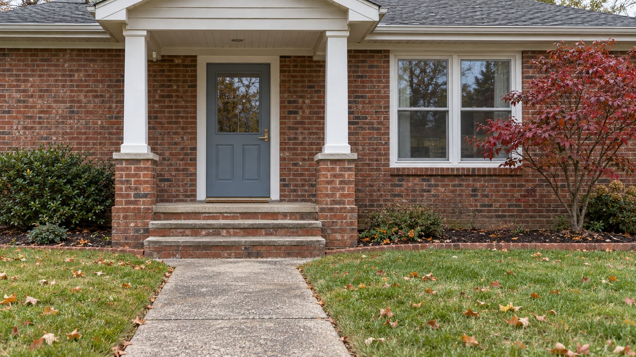 Brick home with a covered entry, blue-gray front door, concrete approach and burgundy dogwood foliage.