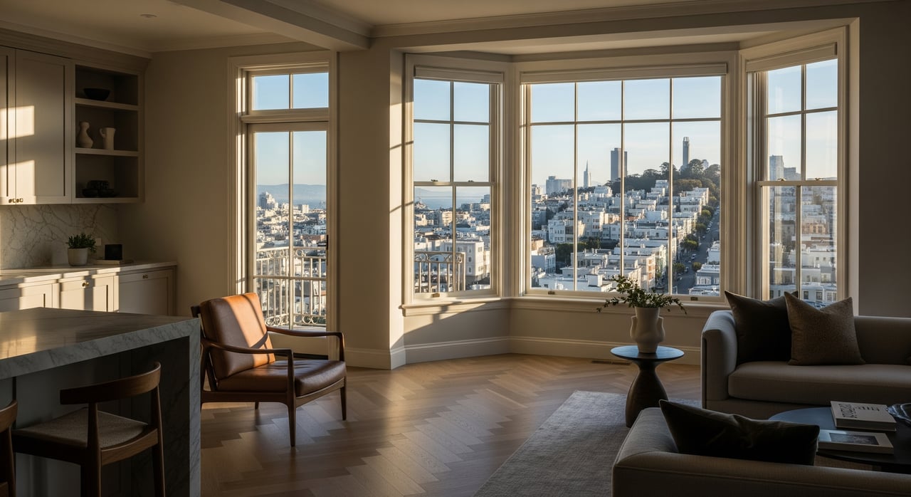 Elevated view of Russian Hill in San Francisco showing classic co-op buildings and modern condos, illustrating the contrast between property types for buyers.
