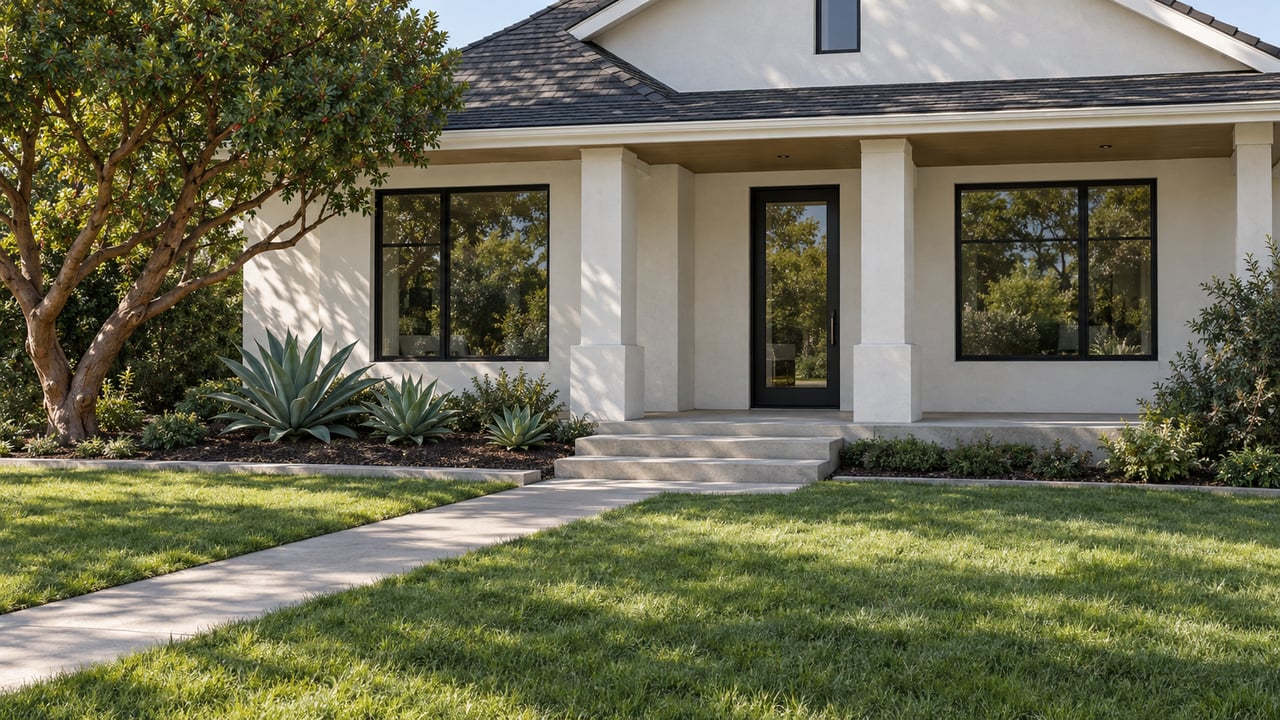 Sunlit ivory stucco home with a charcoal gable roof, black-framed windows, a raised porch and a deep front lawn beside a sculptural strawberry tree.